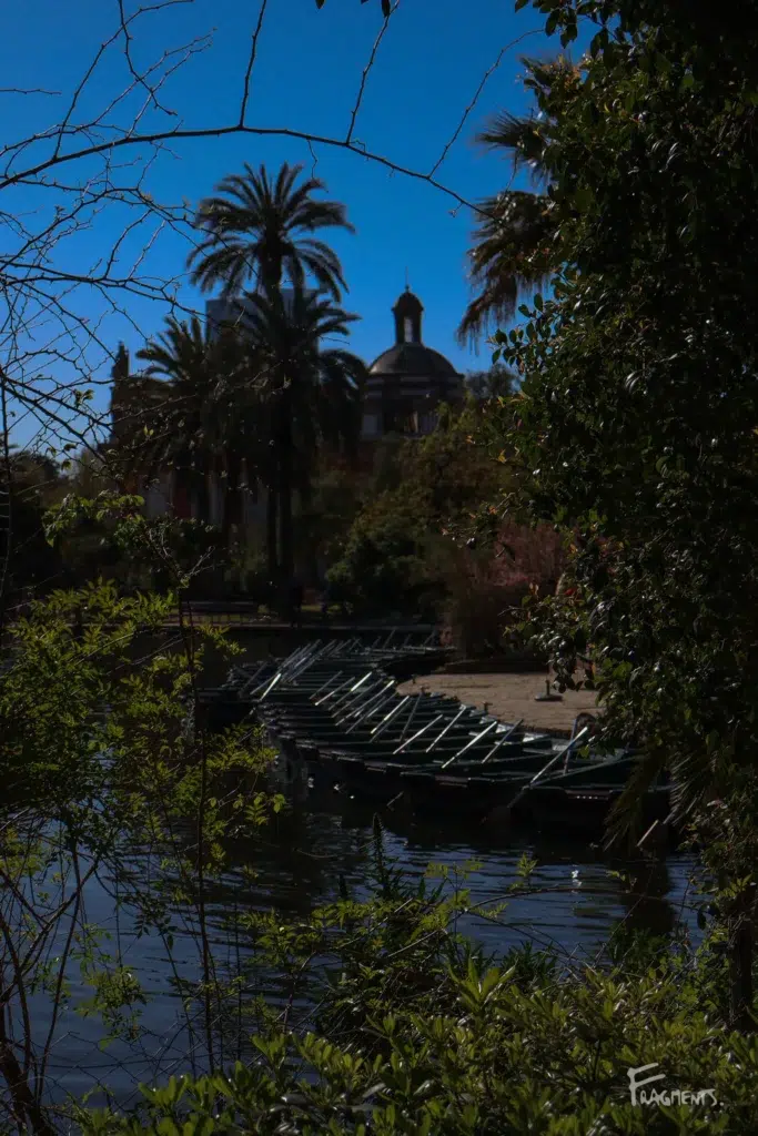 Voyage poétique et photographique à travers Barcelone : Bateaux alignés dans un parc à l'aube