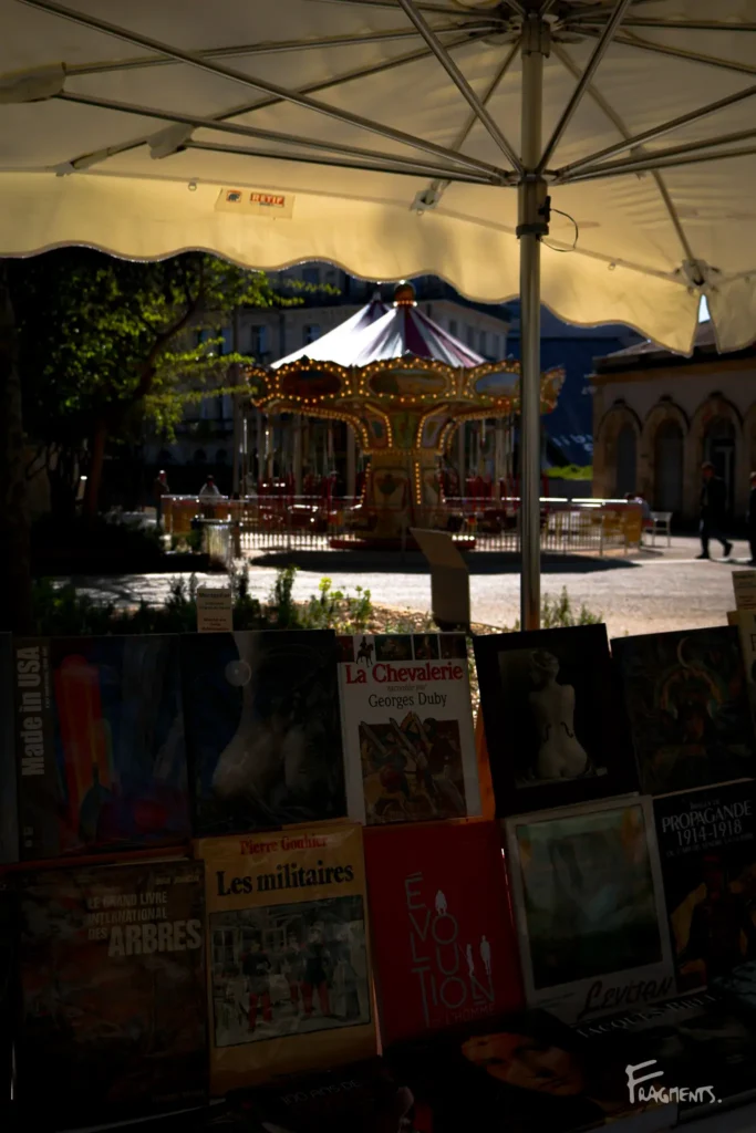 Voyage poétique et photographique à travers Montpellier : Etal de livres dans une brocante avec manège en arrière plan